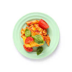 Plate of pasta with tomato sauce and cheese on grey background