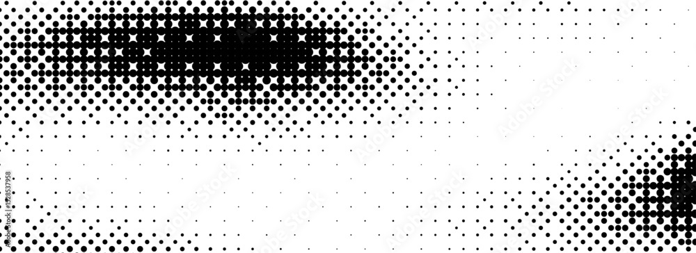 Aufkleber Pixelated bitmap texture cover. Black dithered pattern wallpaper. Abstract glitch gradient pattern. Wide rasterized halftone screen backdrop. 8 bit video game background. Vector overlay