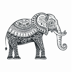 Intricately detailed black and white illustration of a decorative elephant animal
