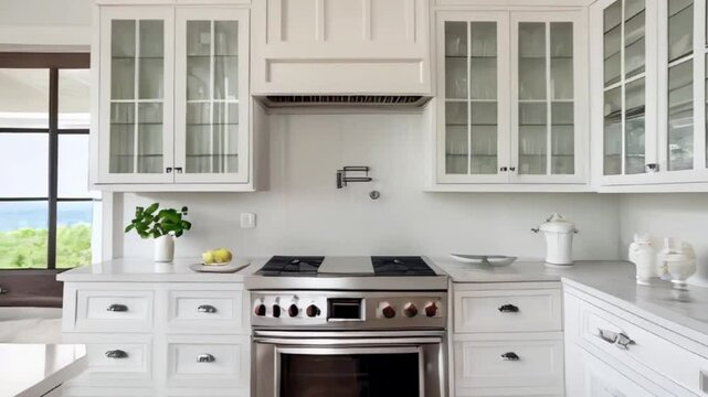 Modern white kitchen with hardwood floors, glass cabinets, and stainless steel appliances created with generative ai