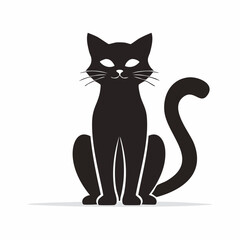 Vector illustration of a black cat sitting with a curved tail against a white background