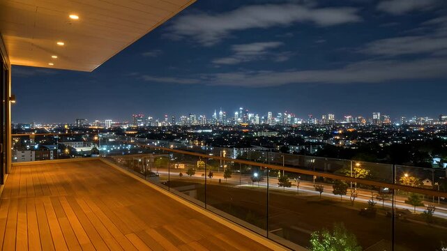 Cityscape view from a modern balcony at night