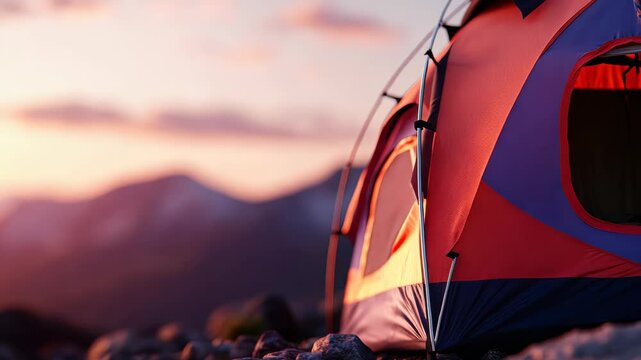 Close-up of an orange and blue camping tent pitched on rocky terrain during golden sunset light with soft-focus mountains and pastel clouds in the scenic background
