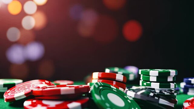 Colorful Casino Chips Falling on a Green Table in Blurred Background