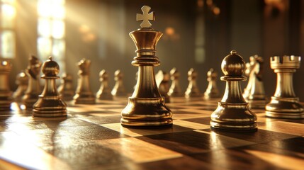 Golden chess pieces on a wooden board, king in focus, sunlight.