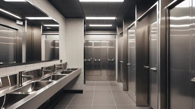 Modern commercial restroom features sleek stainless steel sinks, row of private stalls with reflective metal doors. Well-lit interior created with generative ai