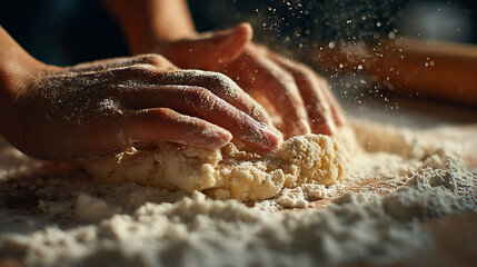 Close Up of Hands Kneading Dough Covered in Flour on Wooden Surface