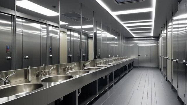 Modern commercial restroom features sleek stainless steel sinks, row of private stalls with reflective metal doors. Well-lit interior created with generative ai