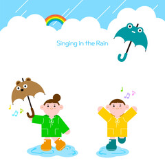 빗속에서 즐겁게 뛰어노는 아이들 일러스트 - Illustration of Children Happily Playing in the Rain