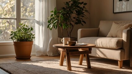 Cozy minimalist living room with sunlight, indoor plants, and natural wooden furniture