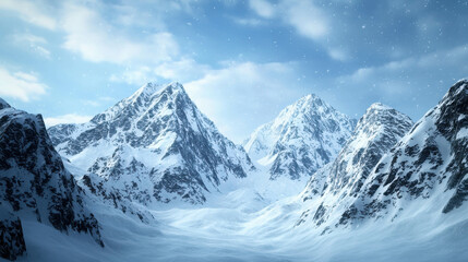 Fototapeta premium Magnificent Snow-Covered Mountains Under Bright Sky with Clouds and Snowfall in Winter Landscape Setting Perfect for Nature and Travel Themes