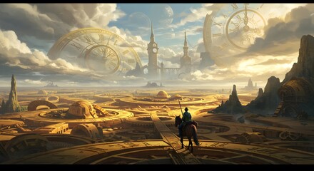 A vast, golden landscape with ancient ruins and a figure in the distance