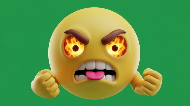 Infuriated Emoji 3D Render: A fiery digital illustration of an angry emoticon with blazing eyes and clenched fists.