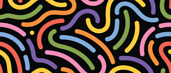 Hand-drawn curvy lines vector background. Modern abstract seamless pattern with colorful brush strokes. Ideal for fashion prints and web design.