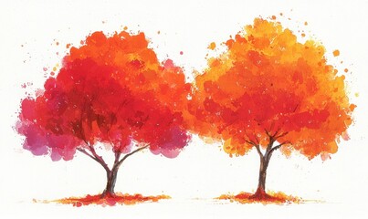 Two stylized watercolor trees in autumnal hues of red and orange, set against a white background.  Small patches of brown ground are visible at the base of each tree