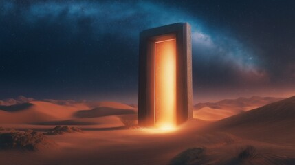 Fantasy door in the middle of desert emitting glowing light