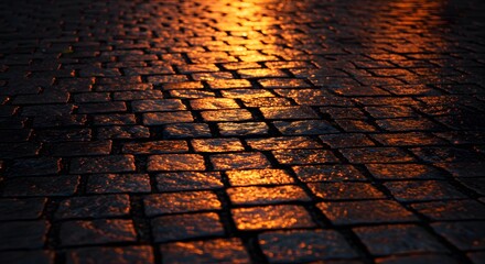 Wet Cobblestone Street at Night with Light Reflections - Dark Urban Texture