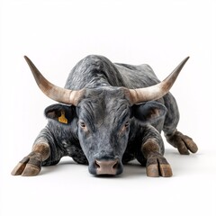 Obraz premium Closeup Portrait of a Serene Bull Resting. Domesticated Livestock in Rural Agriculture Scene - Animal Husbandry & Cattle Ranching