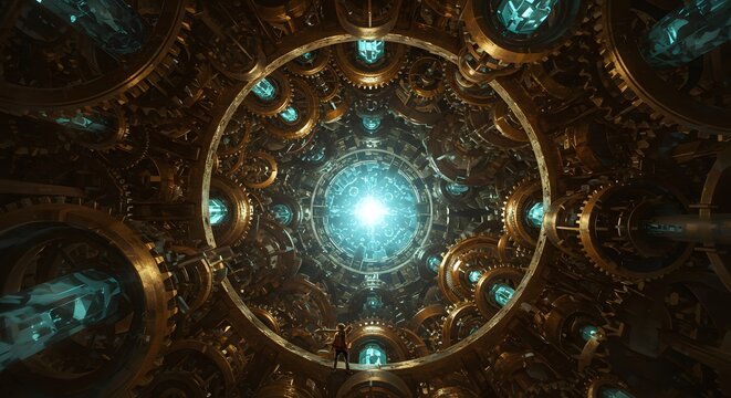 A complex, glowing, circular pattern or portal resembling a Stargate