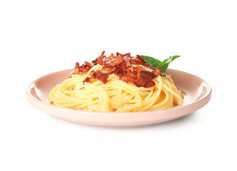Plate with tasty pasta carbonara on white background
