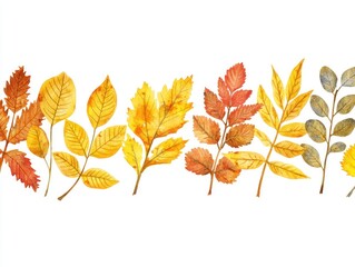 Naklejka premium Watercolor autumn leaves border, various colors and shapes in a horizontal row on white background