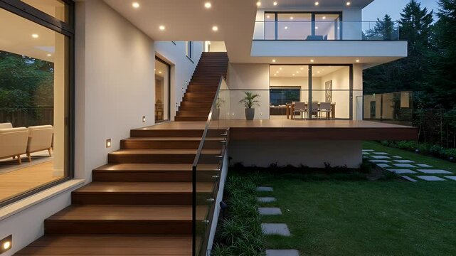 Modern house exterior with wooden deck and stairs
