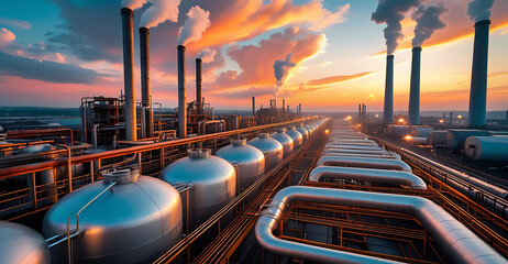 Industrial Power Plant with Pipelines and Storage Tanks at Sunset Generative AI