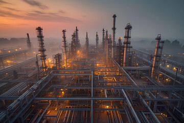 Industrial Plant at Sunset with Steel Structures and Chimneys Generative AI