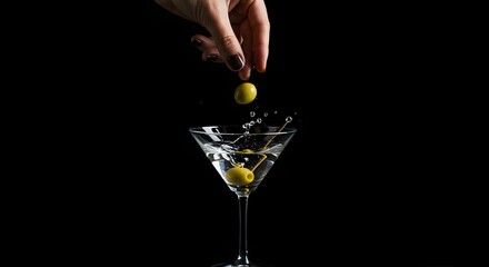 Female Hand Drops Green Olives into a Martini Cocktail Glass Creating Splash on a Black Background Studio Shot