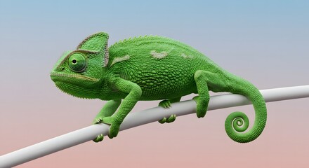 Fototapeta premium Green Chameleon Perched on Branch Detailed Exotic Lizard Reptile Animal Isolated Colorful Wildlife Animal Illustration Graphic Design Render