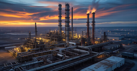 Industrial Plant at Sunset with Smoke Emissions and City Lights Generative AI