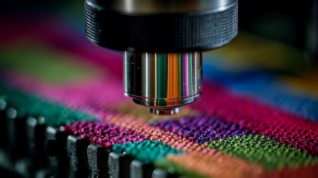 Close up view of a robotic arm analyzing a vibrant, multi colored textile, showcasing advanced technology in quality control and material science