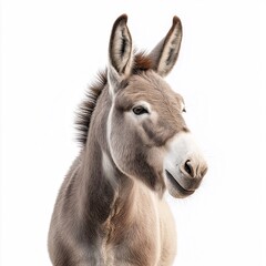 Fototapeta premium Adorable Young Donkey Face Close-Up. Cute Gray Mammal with Ears Up and Playful Expression on Rural Farm Background