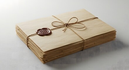 Pile of Brown Paper Letters Tied with String Featuring a Wax Seal for Correspondence and Vintage Aesthetic on White Background