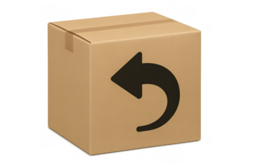 Cardboard shipping box featuring return sign, symbolizing merchandise return process on transparent backdrop
