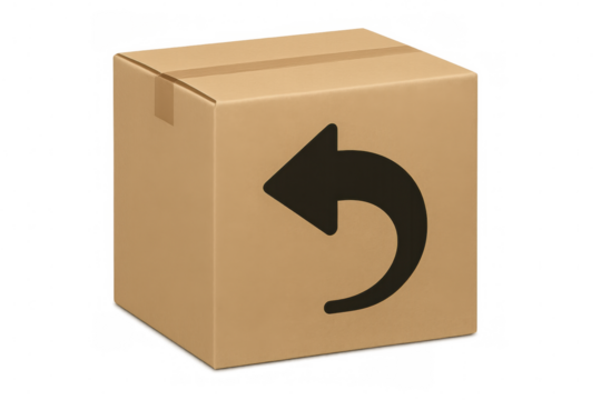 Cardboard shipping box featuring return sign, symbolizing merchandise return process on transparent backdrop