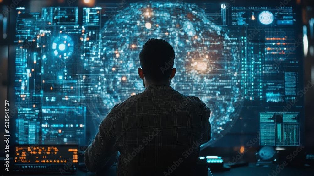 Poster man viewing global network data on large screens.