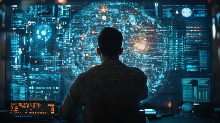 Man viewing global network data on large screens.