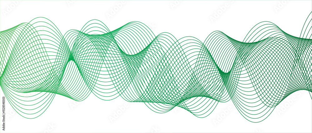 Fototapete Abstract digital wave pattern consisting of smooth, flowing lines in a teal green gradient. Spaced and curve in white background, with forming symmetrical sine wave shapes and depth and motion.