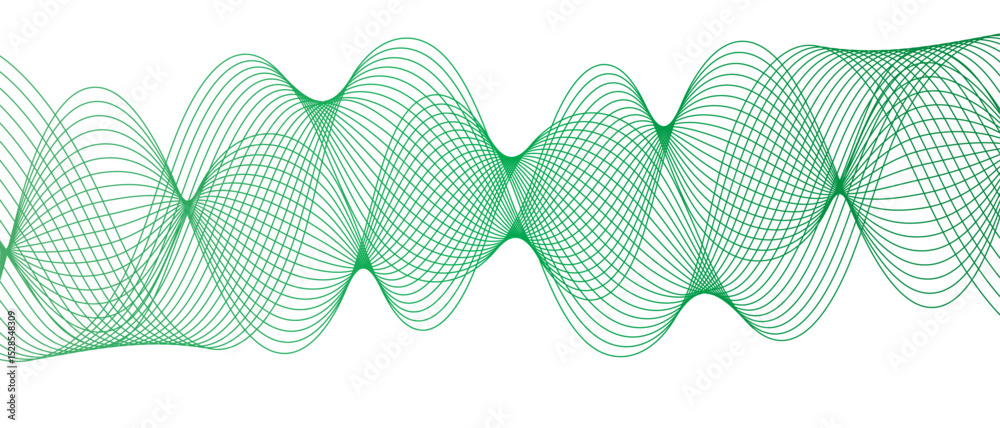 Fototapete Abstract digital wave pattern consisting of smooth, flowing lines in a teal green gradient. Spaced and curve in white background, with forming symmetrical sine wave shapes and depth and motion.