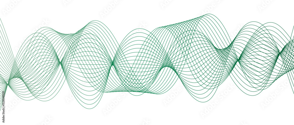 Fototapete Abstract digital wave pattern consisting of smooth, flowing lines in a teal green gradient. Spaced and curve in white background, with forming symmetrical sine wave shapes and depth and motion.