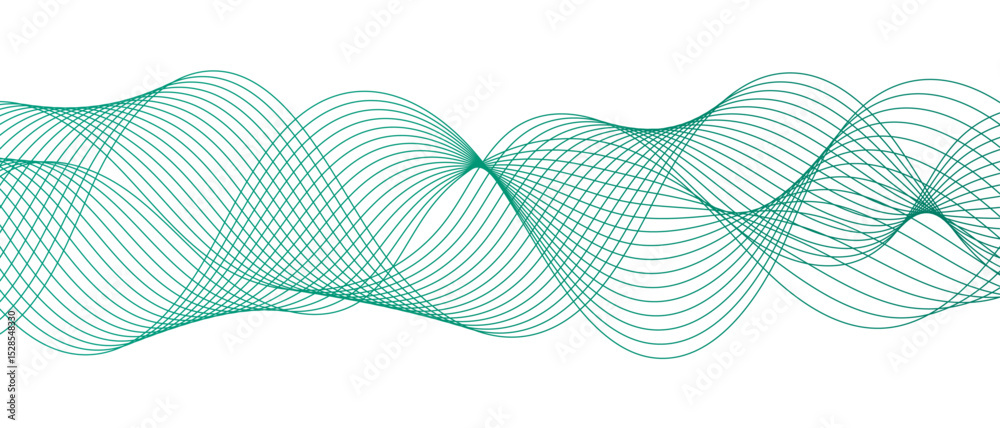 Fototapete Abstract digital wave pattern consisting of smooth, flowing lines in a teal green gradient. Spaced and curve in white background, with forming symmetrical sine wave shapes and depth and motion.