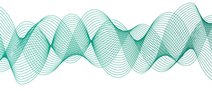 Abstract digital wave pattern consisting of smooth, flowing lines in a teal green gradient. Spaced and curve in white background, with forming symmetrical sine wave shapes and depth and motion.
