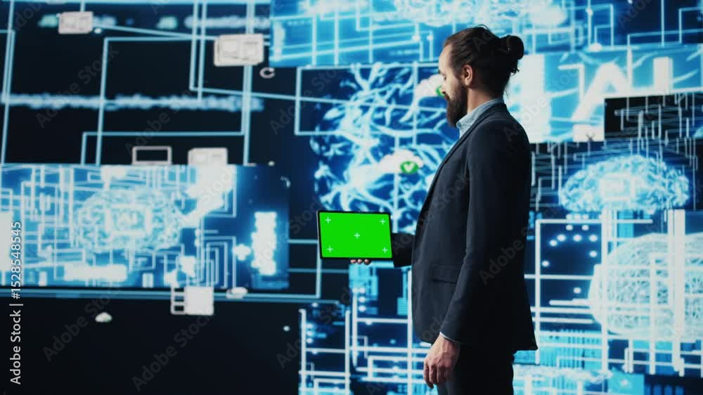 Poster business manager uses mockup screen next to ai neural networks, working with machine learning and cl