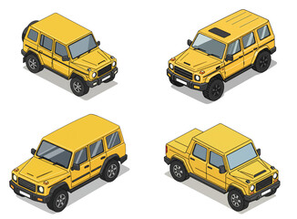 Isometric Cartoon Illustration of Yellow SUVs with Black Outlines and Shading