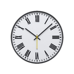Round wall clock with white face features black Roman numerals and black hour and minute hands, complemented by yellow second hand. clock simple design is classic and elegant