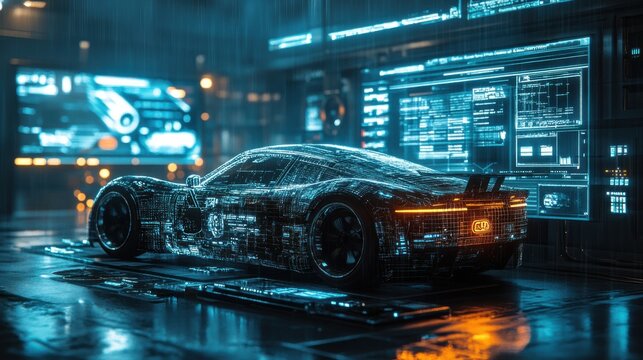 Wireframe Sports Car with Data Display Background