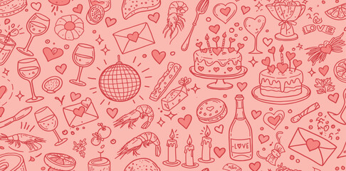 Contemporary minimalist line art banner with food, candles, drinks and decor doodles. Hand drawn dinner party seamless pattern.