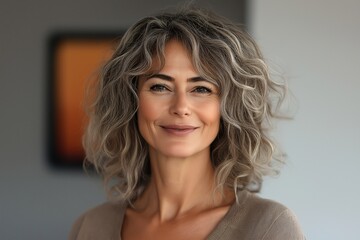 Fototapeta premium Smiling Woman with Curly Hair - Indoor Portrait, Natural Light, Casual Attire, Positive Vibes, Female Empowerment, Modern Decor, Age Diversity