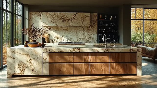 Elegant kitchen with marble countertops and wooden cabinets bathed in natural sunlight
